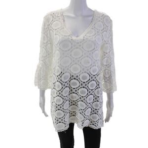 Milly Cabana Womens Cotton Textured V-neck Long Sleeve Blouse Top White Size M